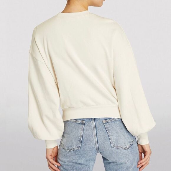 Frame Women’s Large Gathered French Terry Cotton Crewneck Sweater Ivory Bone - Picture 9 of 15